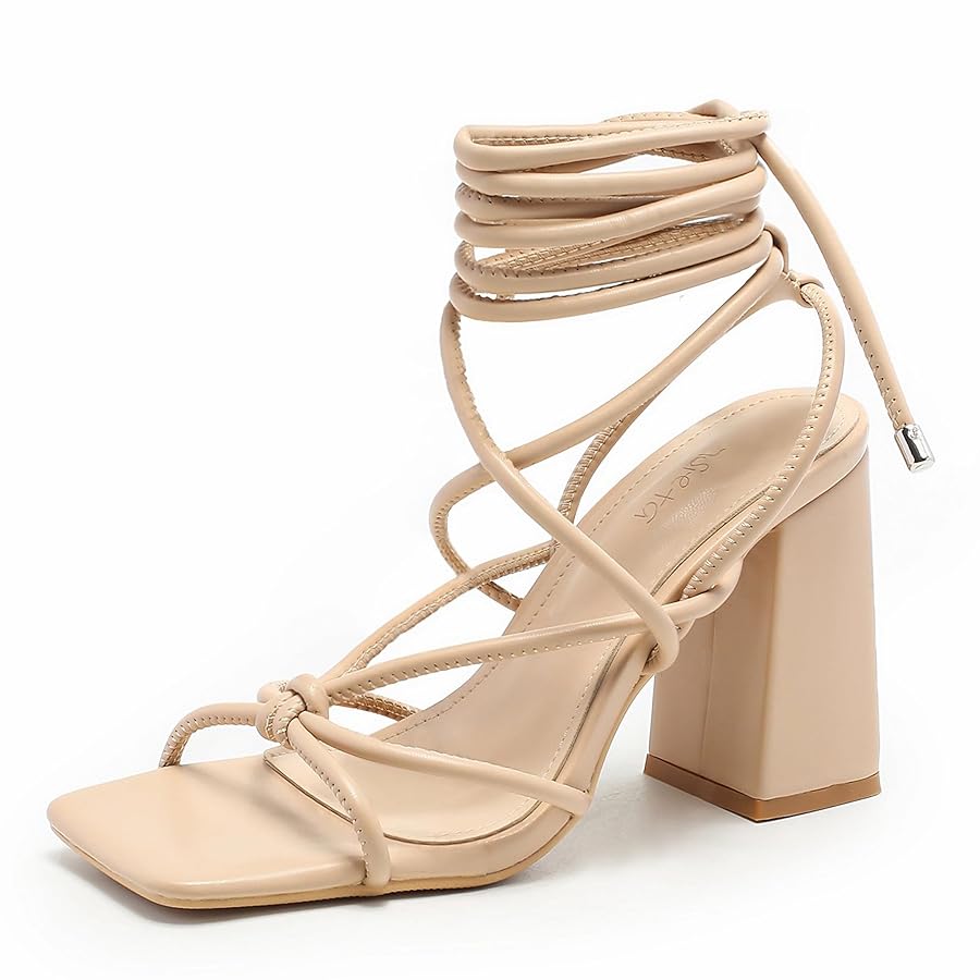 Strappy Heels Lace Up Chunky Block Heel Wrap Sandals Square